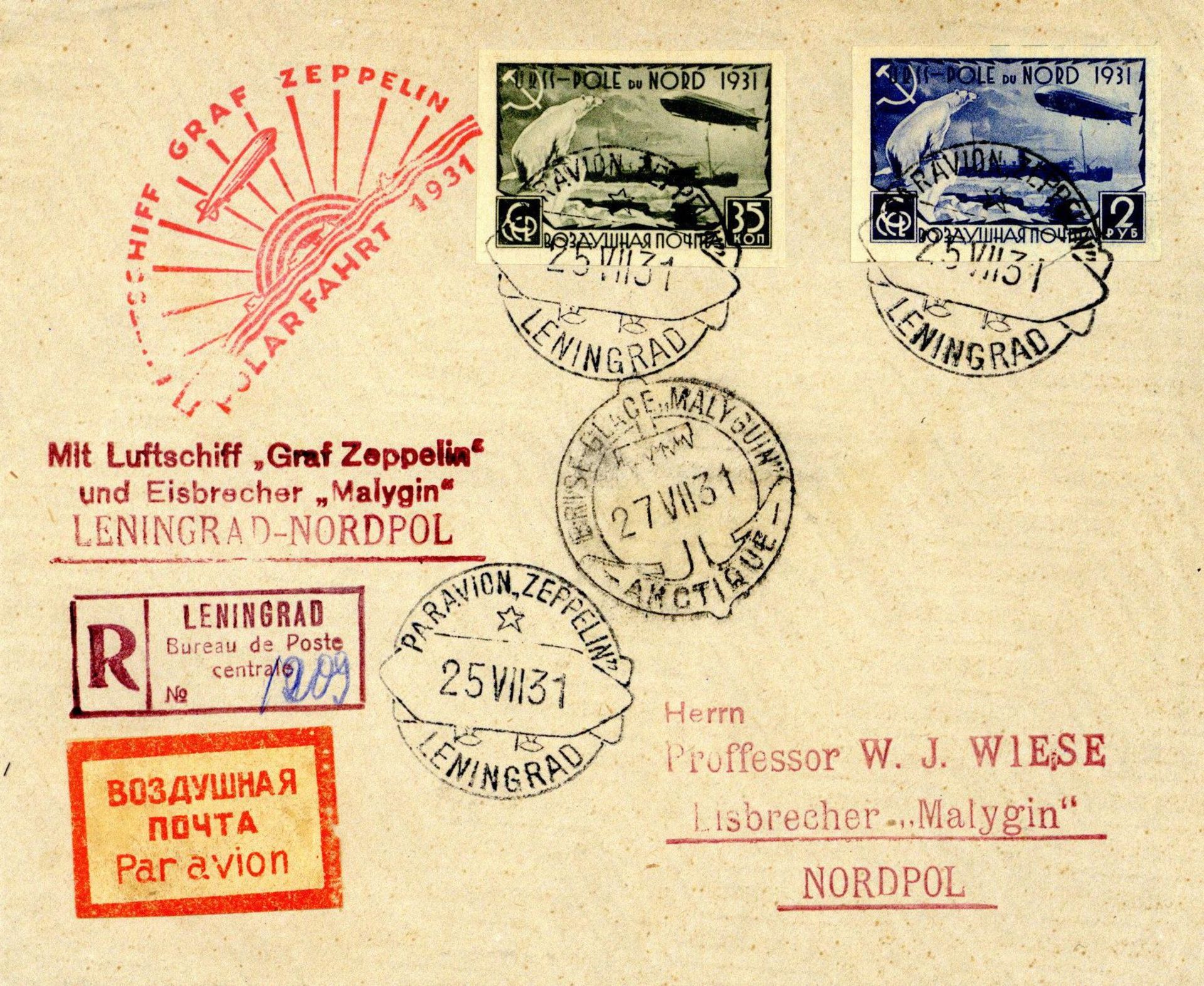 ZeppelinZeppelinpost 1931 Zeppelinfahrt zum Eisbrecher Malygin Einschreiben von Leningrad Brief