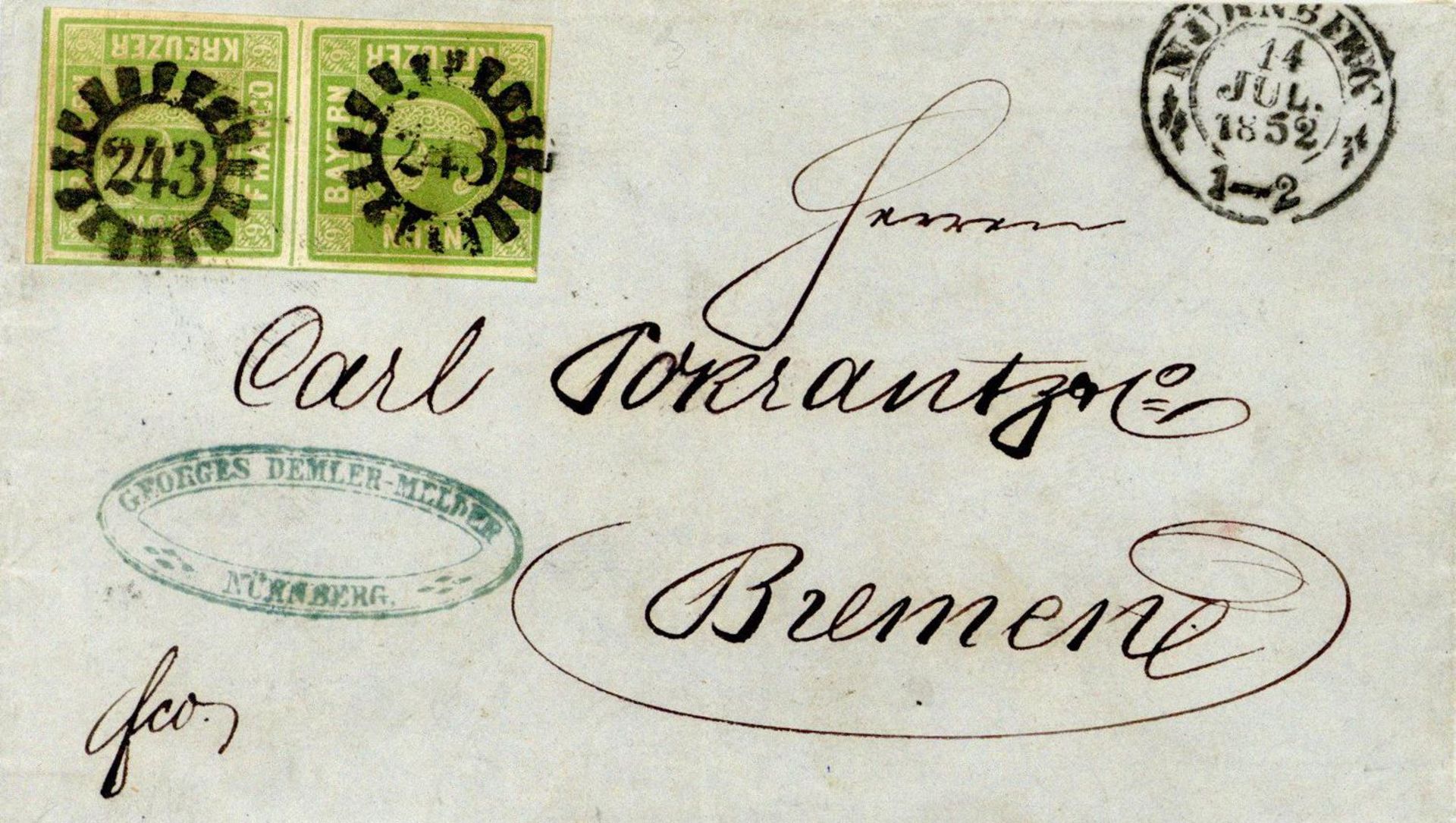 Bayern", gMR "243" (Nürnberg), 1. Vert., 9 Kr gelbgrün, senkr. Paar, untere Marke u.l. leicht