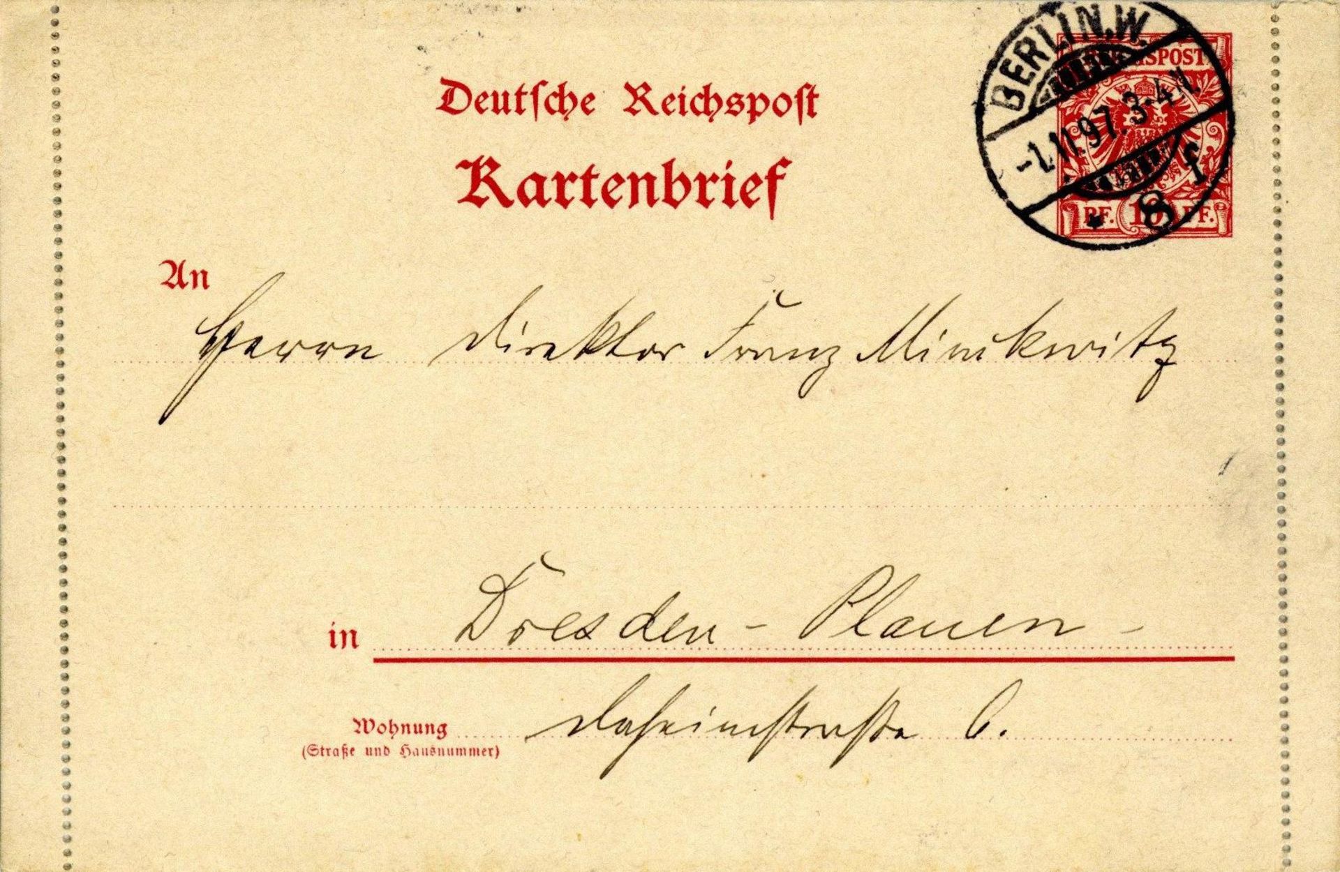 1897 Ganzsache K 1 Bedarfsverwendung vom Ausgabetag von Berlin nach Dresden, selten- - -23.80 %