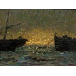 Ernst Eitner(Hamburg 1867 - Hamburg 1955)Lichtstimmung im Hamburger HafenÖl/Karton, 22 x 27,5 cm,