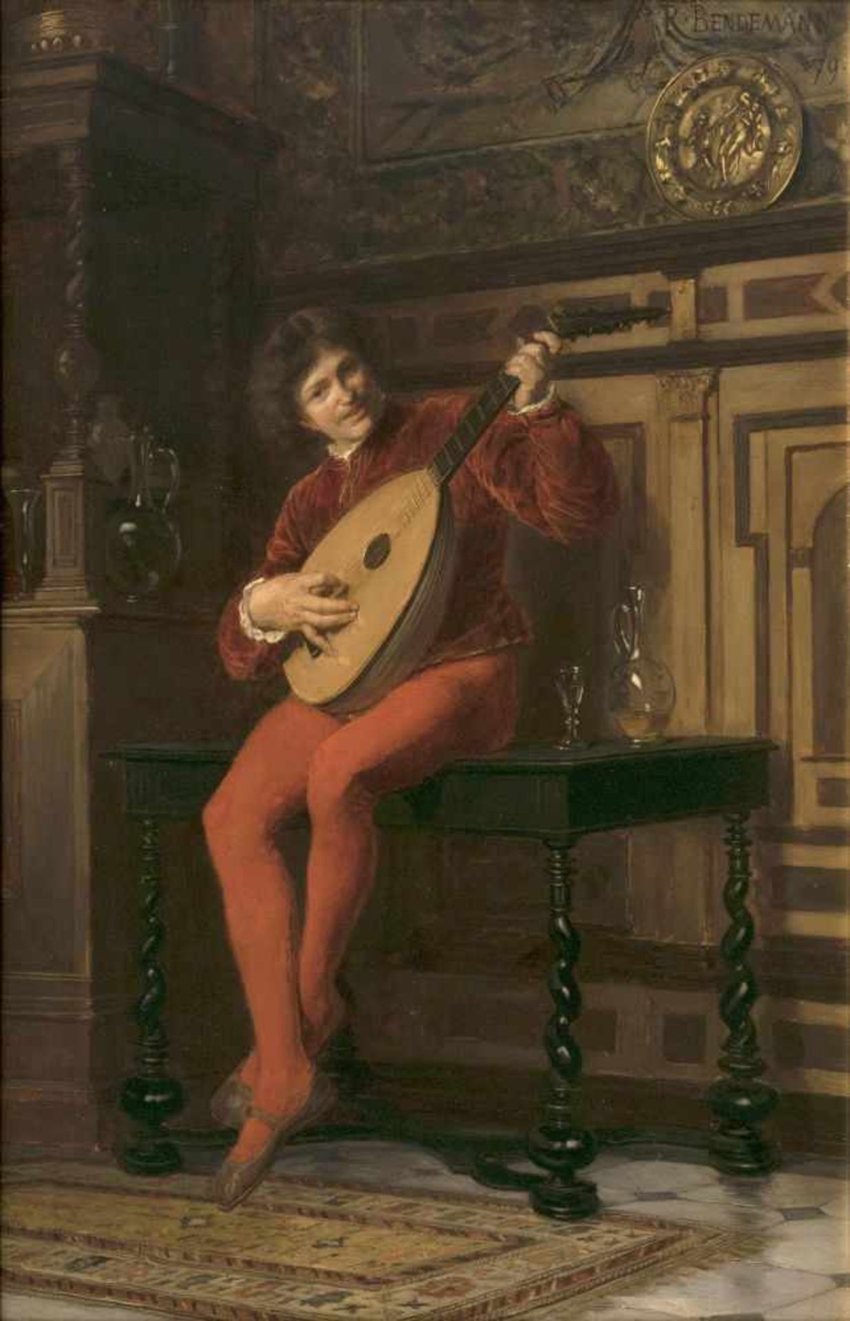 Rudolf Christian Eugen Bendemann(Dresden 1851 - Genua 1884)Der LautenspielerÖl/Holz, 53 x 38,5 cm,