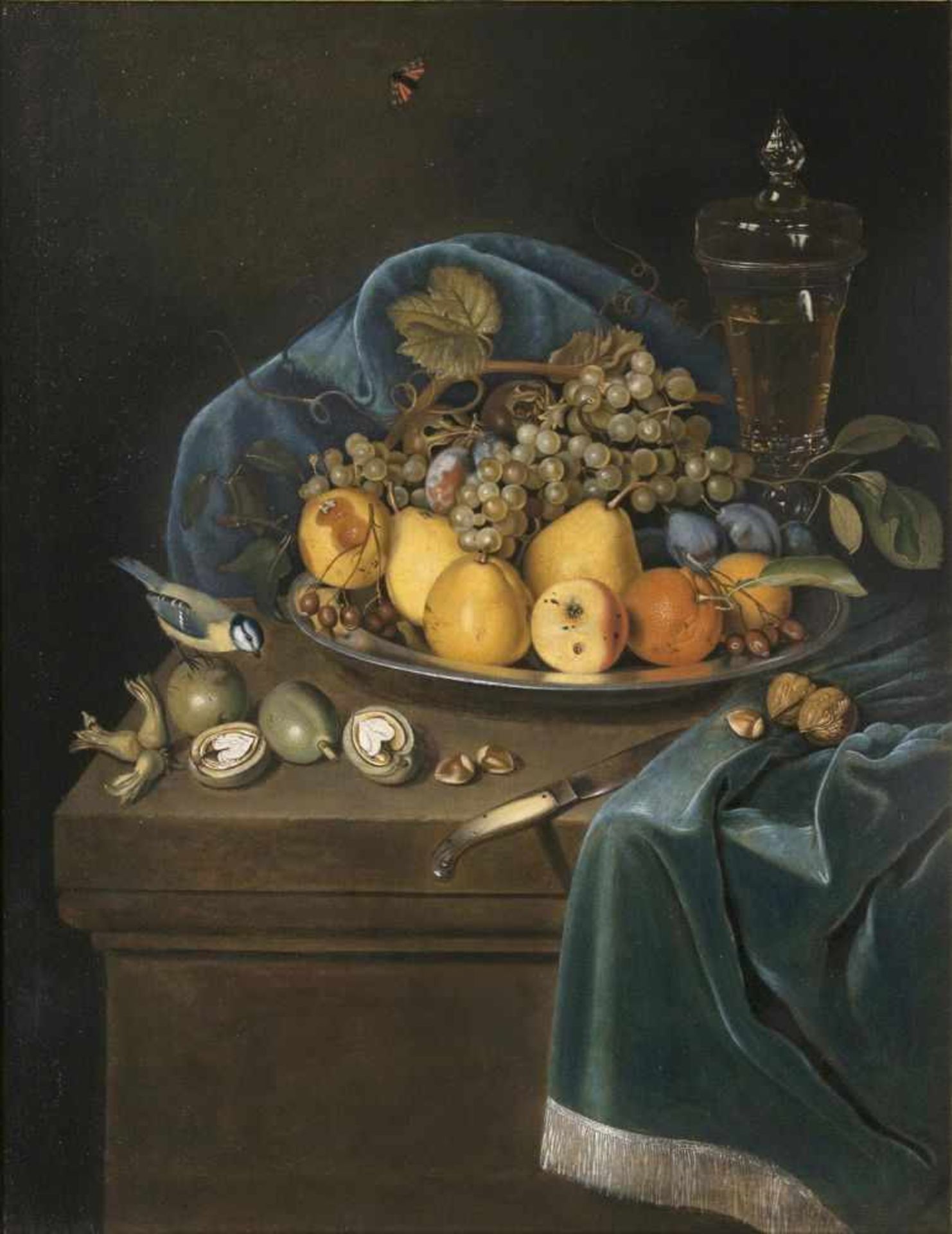 Jakob Samuel Beck(Erfurt 1715 - Erfurt 1778)Stilleben mit Früchten, Pokal und einer Blaumeise auf