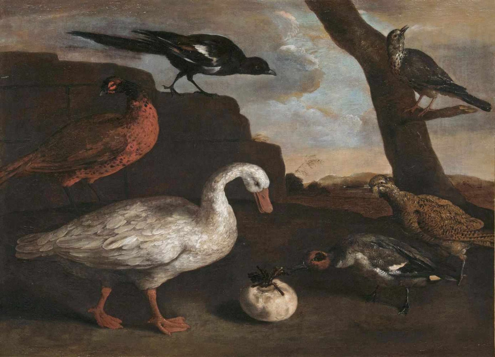 Pietro Neri Scacciati(Florenz 1684 - 1749)Vögel in einer LandschaftÖl/Lw., 101 x 132,5 cm, etw.