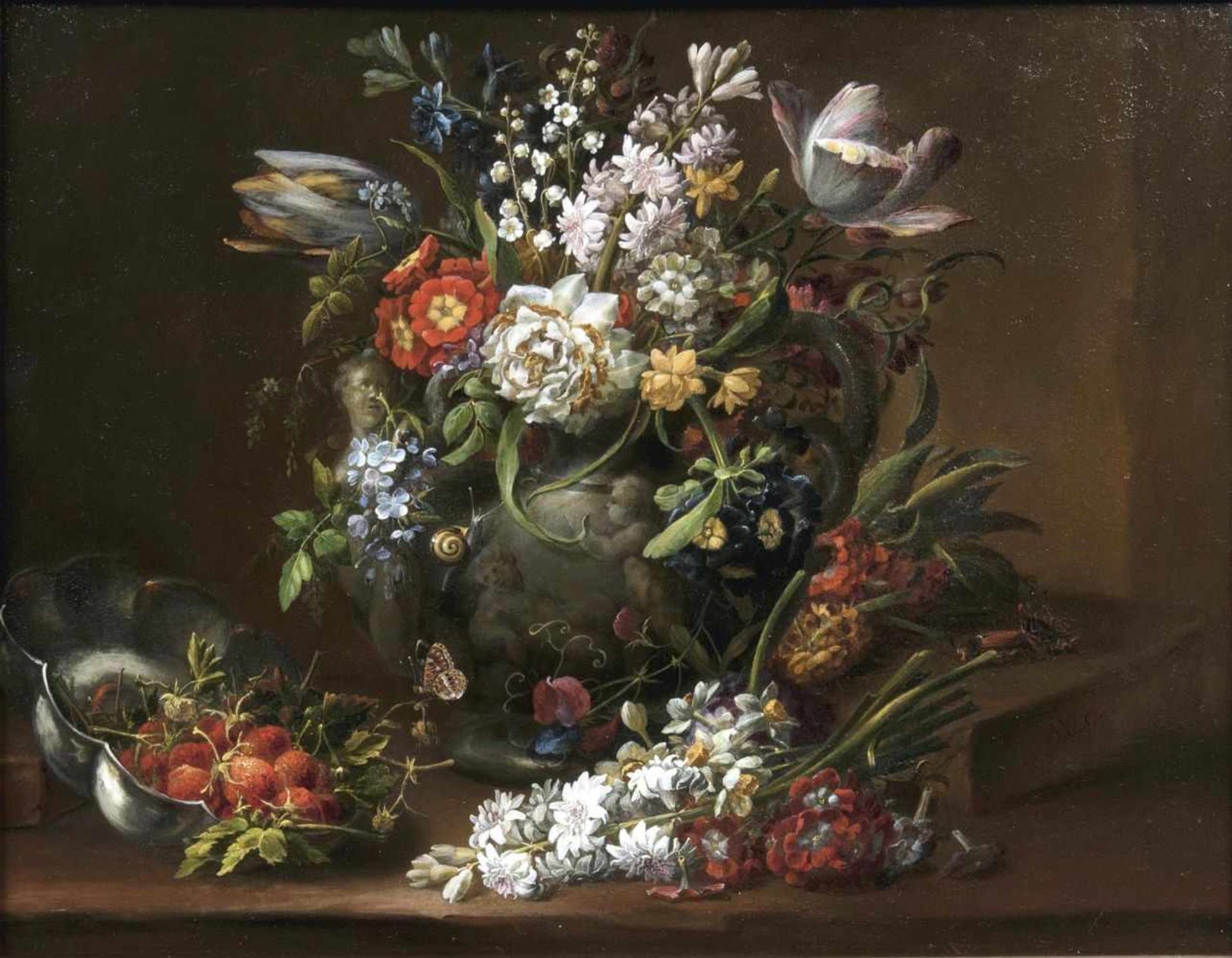 August Wilhelm Sievert(1705 - Ludwigsburg 1751)Üppiges Bouquet in einer SchlangenhenkelvaseÖl/