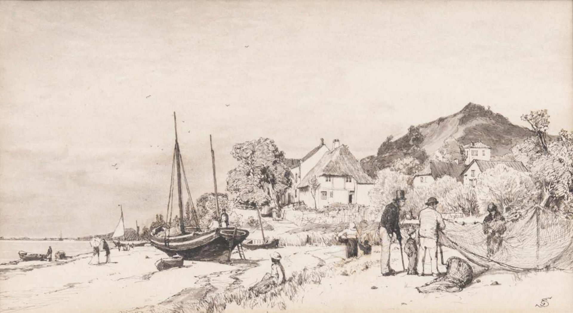 Gustav Schönleber(Bietigheim 1851 - Karlsruhe 1917)Am Strand von BlankeneseTuschfederzeichnung, 12,5