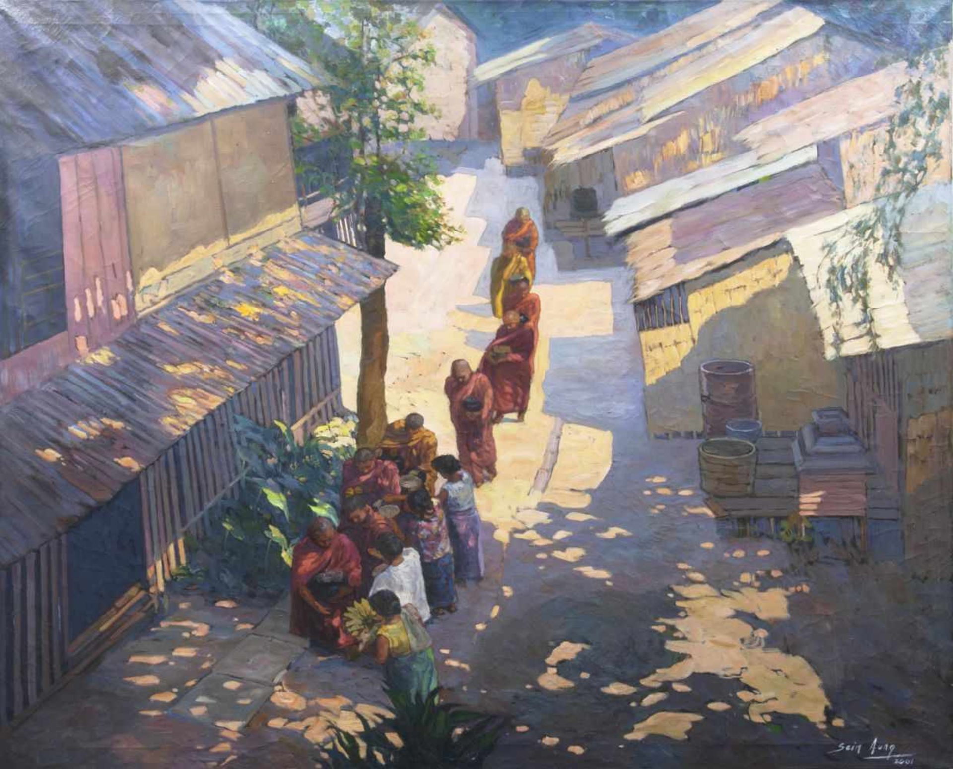 Sein Aung(1951)MöncheÖl/Lw. 121 x 140 cm, r. u. sign. und dat. Sein Aung 2001, ungerahmt. -