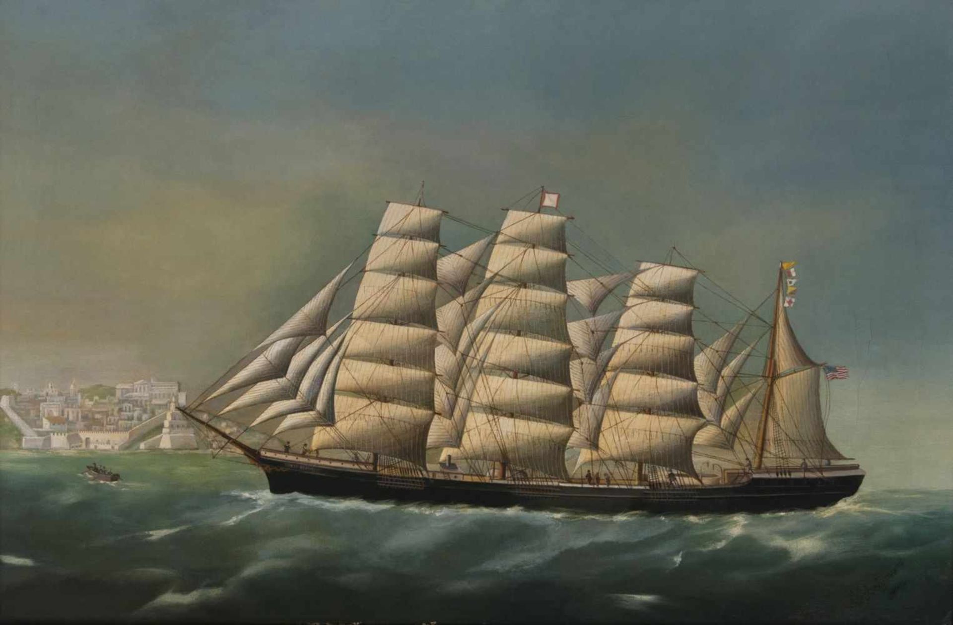 Marinemalertätig spätes 19. Jh.Die Great Republic vor TangerÖl/Papier/Lw., 61 x 92 cm, r. u. bez. J.