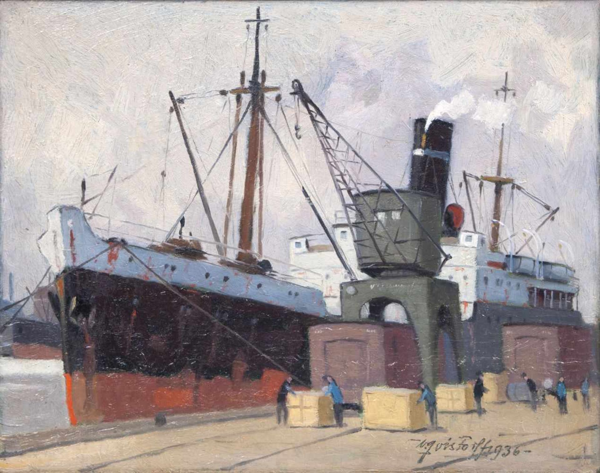 Victor Qvistorff(Aarhus 1883 - Kopenhagen 1953)Frachtschiff und KranÖl/Karton, 24 x 31 cm, r. u.