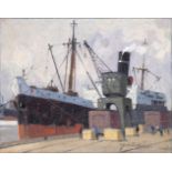 Victor Qvistorff(Aarhus 1883 - Kopenhagen 1953)Frachtschiff und KranÖl/Karton, 24 x 31 cm, r. u.