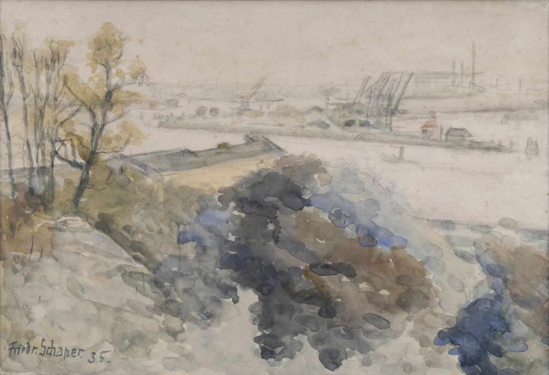 Friedrich Schaper(Braunschweig 1869 - Hamburg 1956)Paar Gegenstücke: Blicke auf die ElbeAquarelle,