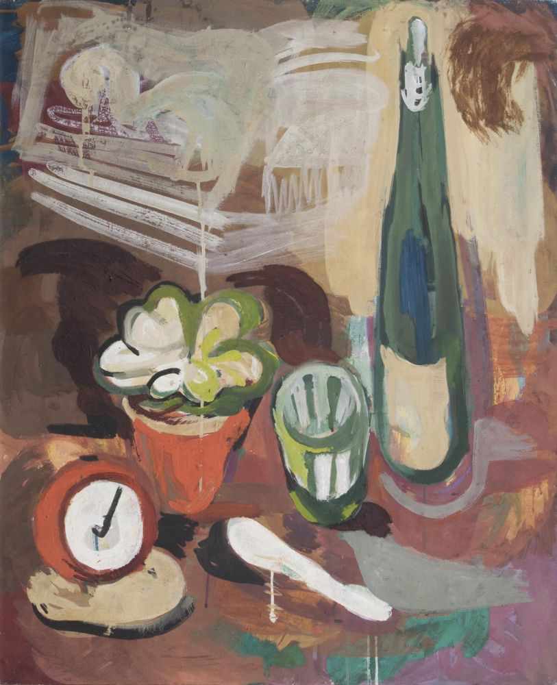 Charlotte Hilmer(Hamburg 1909 - Hamburg 1958)Stilleben mit Flasche und WeckerÖl und Tempera/Lw.,