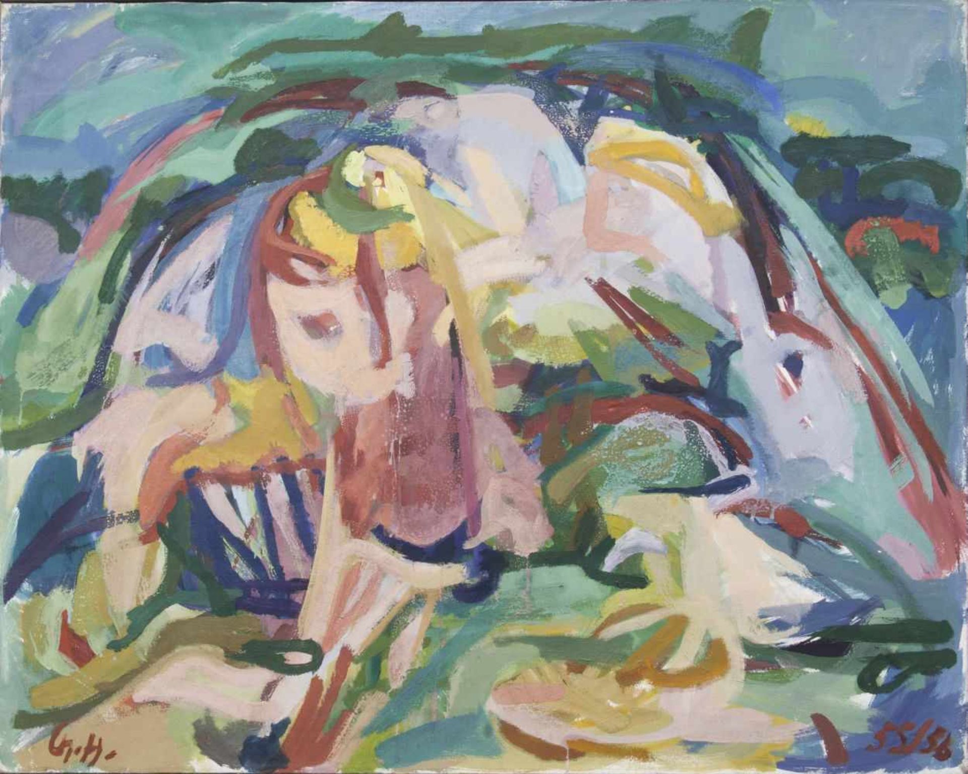 Charlotte Hilmer(Hamburg 1909 - Hamburg 1958)Abstrakte LandschaftÖl und Tempera/Lw., 75,5 x 92,5 cm,