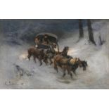 Carl Suhrlandt(Ludwigslust 1828 - Kochel/Obb. 1919)Pferdegespann im winterlichen WaldÖl/Karton/Holz,