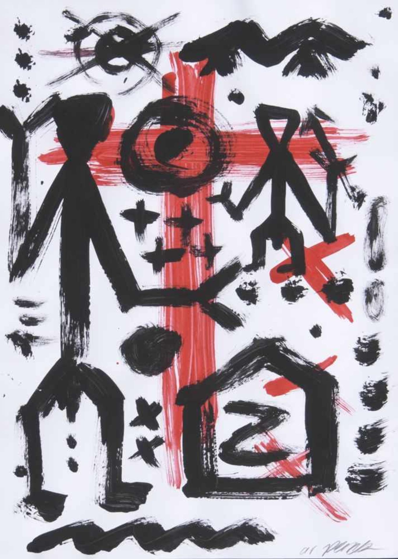 A. R. Penck(Dresden 1939 - Zürich 2017), eigentl. Ralf WinklerRotes KreuzAcryl/Papier, 41,5 x 29,5