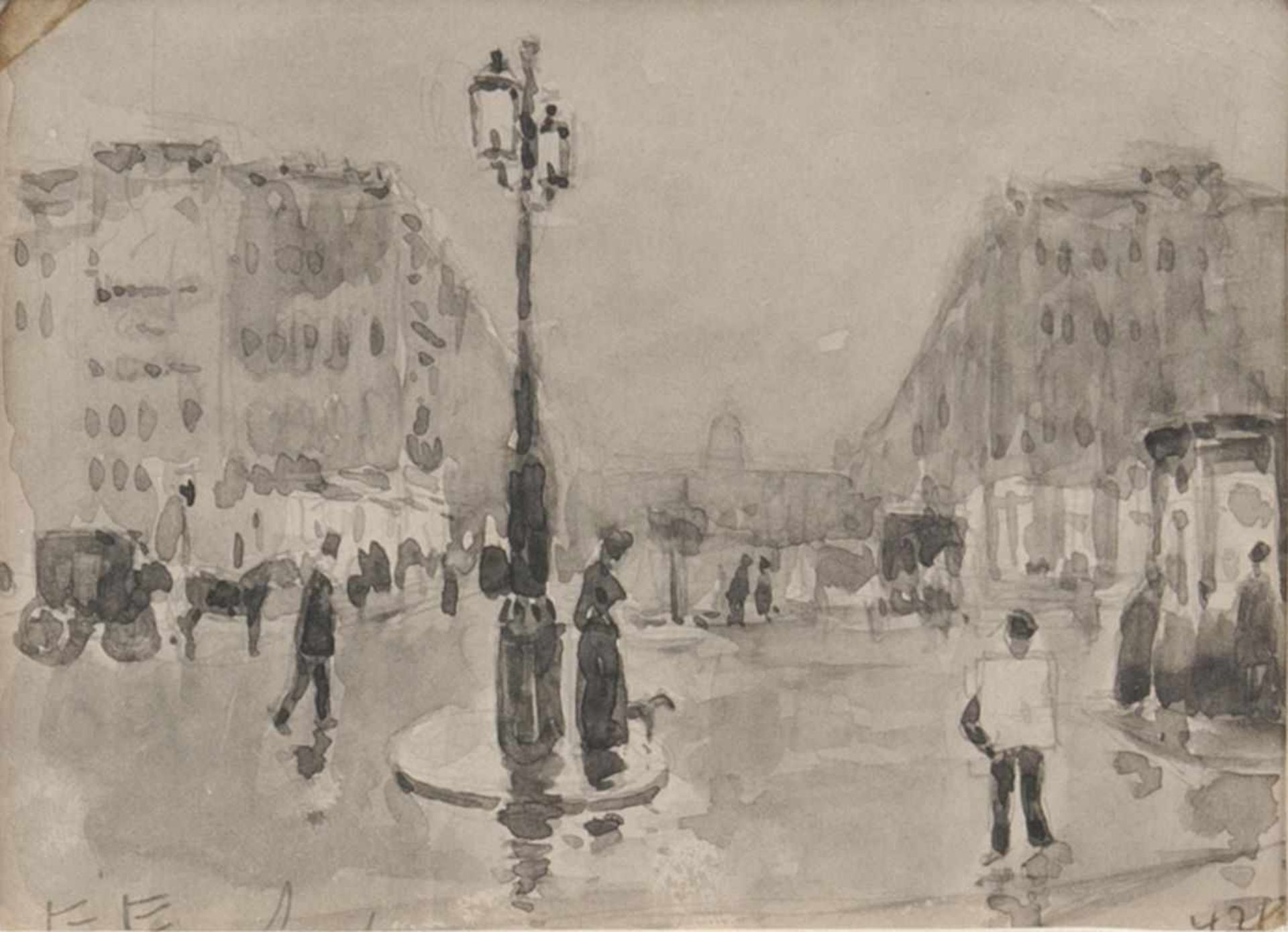 Ernst Eitner(Hamburg 1867 - Hamburg 1955)Boulevard in Antwerpen und vier RadierungenEin Aquarell und