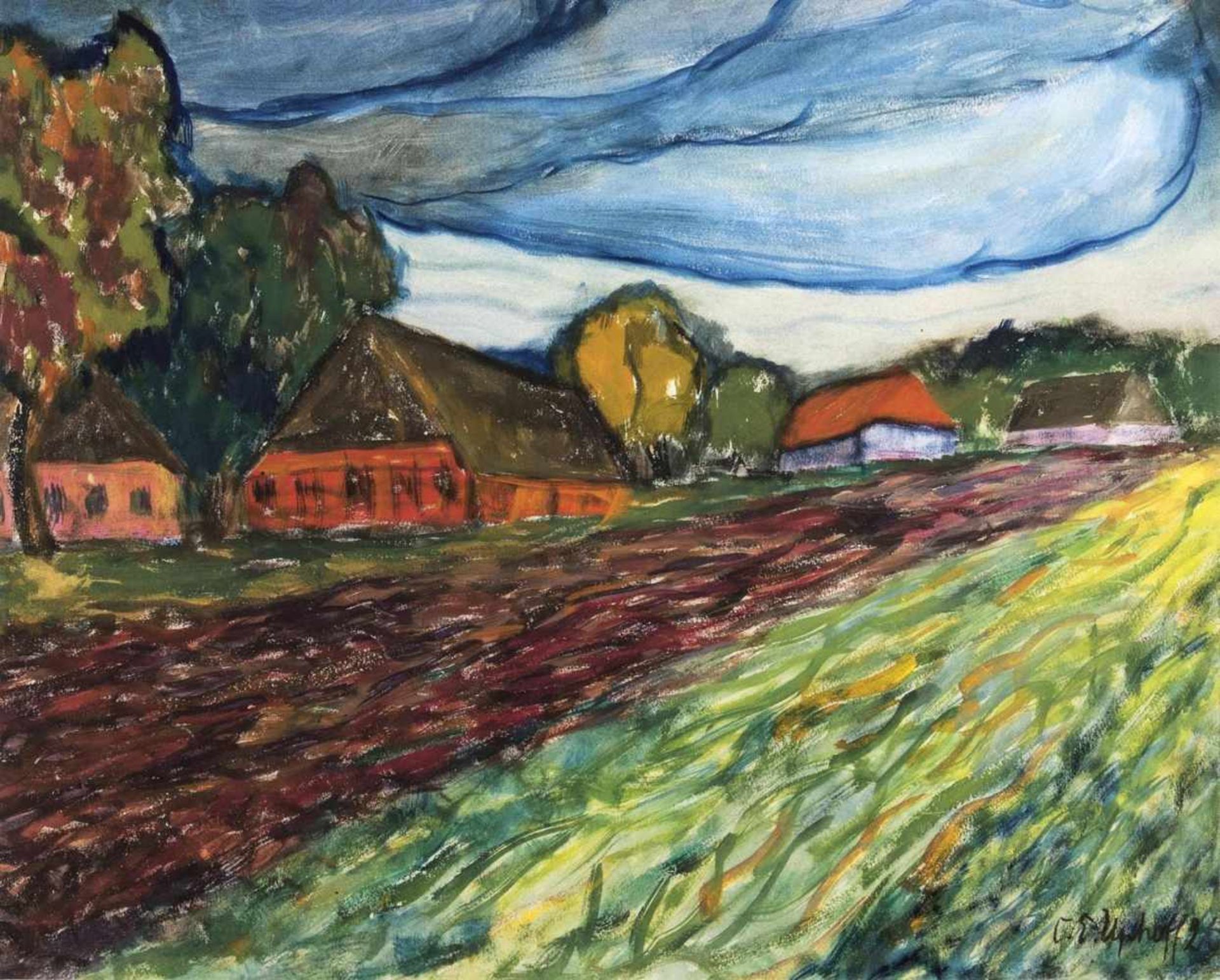 Carl Emil Uphoff(Witten/Ruhr 1885 - Worpswede 1971)Bauernhäuser unter schweren WolkenGouache, 45 x