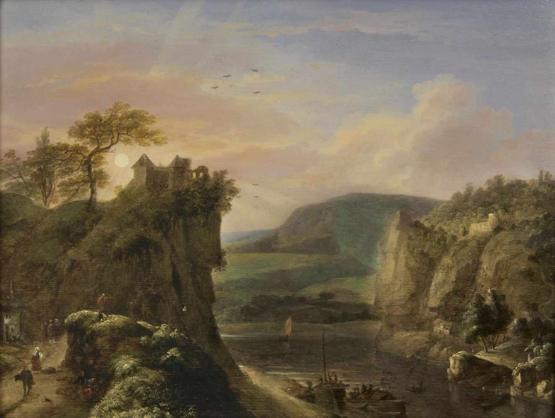 Johannes Vorsterman(Zaltbommel 1643 - nach 1693), zugeschr.Weite Landschaft mit SonnenuntergangÖl/