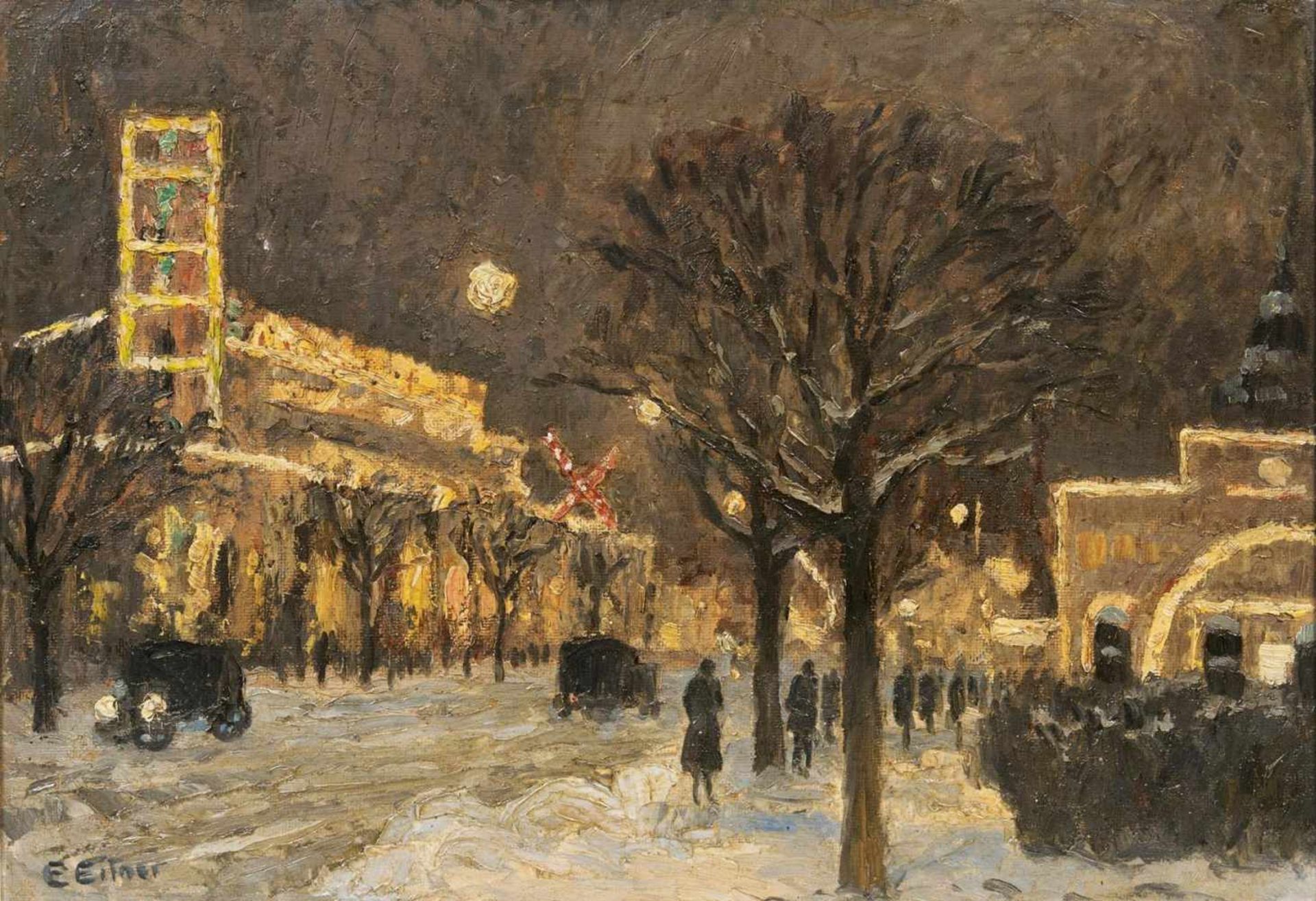 Ernst Eitner(Hamburg 1867 - Hamburg 1955)Winterabend in St. PauliÖl/Karton, 35 x 49,5 cm, l. u.