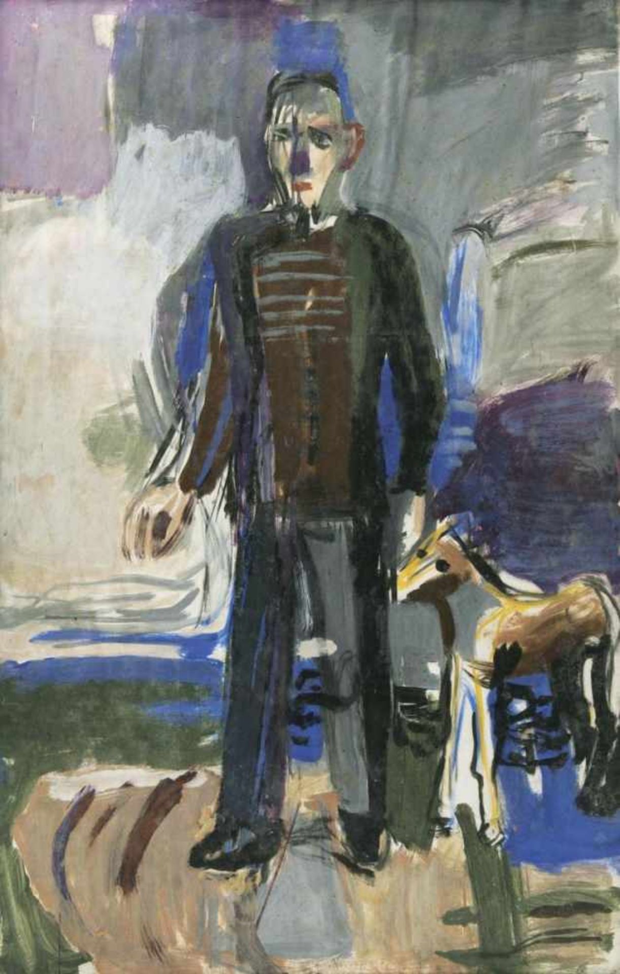 Erich Hartmann(Elberfeld 1886 - Hamburg 1974)Mann mit HundTempera, 99,5 x 69 cm, unter Glas gerahmt,