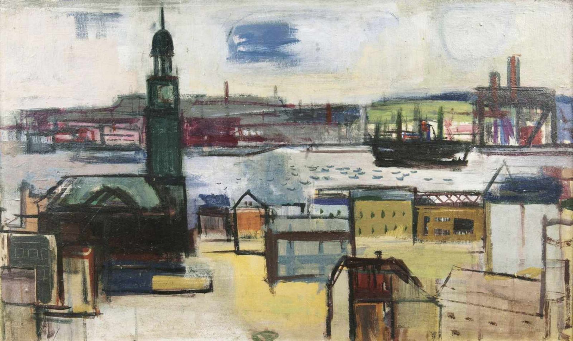 Erich Hartmann(Elberfeld 1886 - Hamburg 1974)Der Michel mit Blick auf den Hafen1930er Jahre, Öl/
