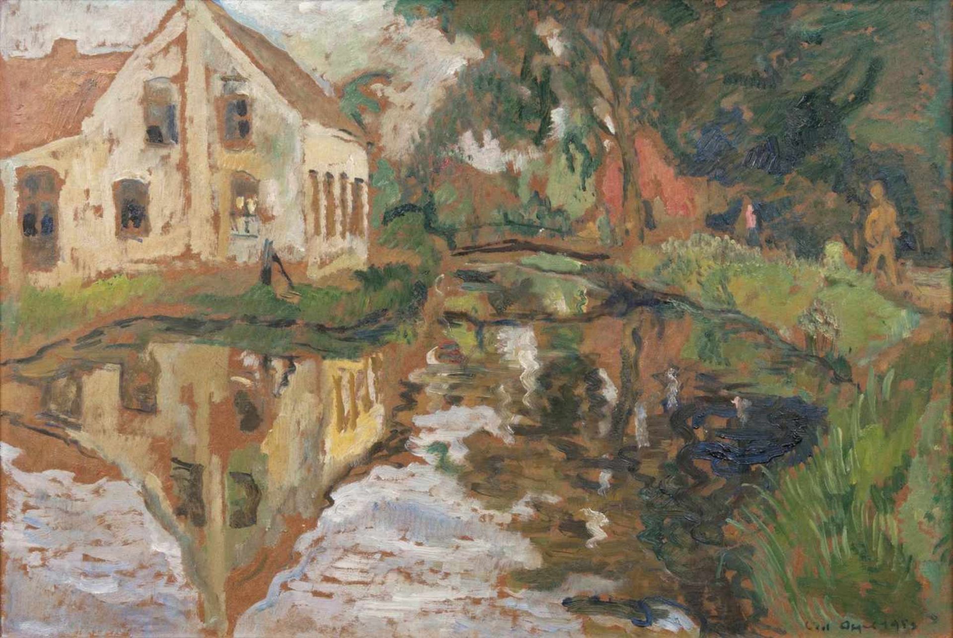 Lisel Oppel(Bremen 1897 - Worpswede 1960)Gelbes Haus am WasserÖl/Hartfaser, 48,5 x 70 cm, r. u.