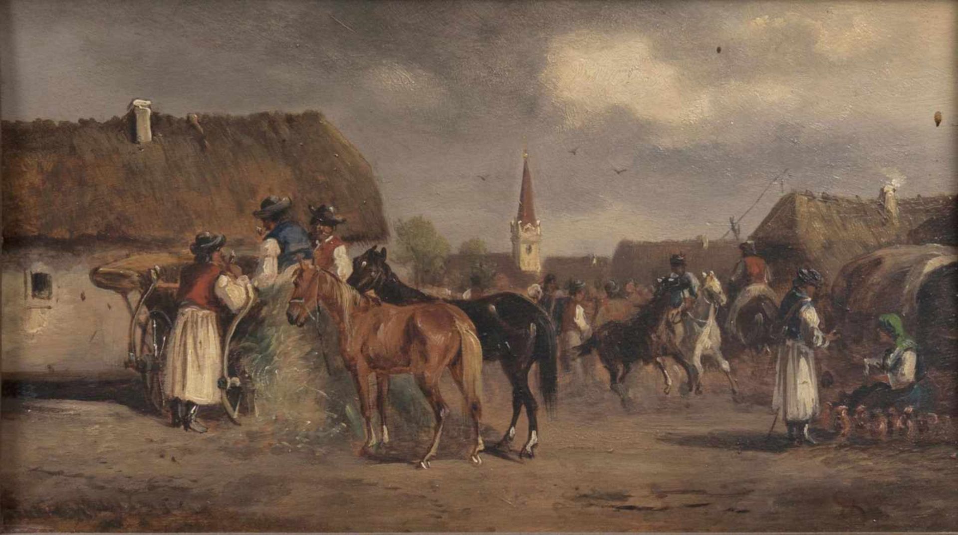 Alfred Steinacker(Ödenburg 1838 - Wien 1914)Ungarischer PferdemarktÖl/Holz, 15,5 x 27,5 cm, r. u.