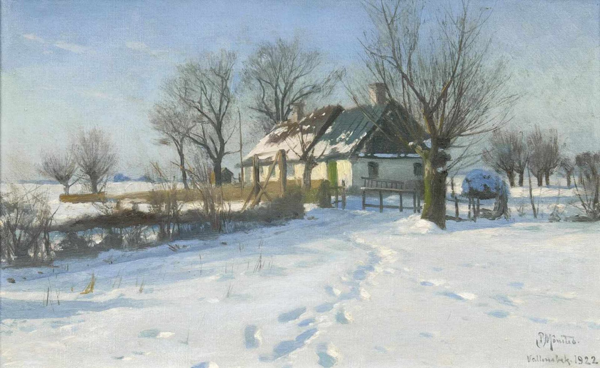 Peder Mönsted(Grenaa 1859 - Fredensborg 1941)Gehöft im SchneeÖl/Lw., 24,5 x 39 cm, r. u. sign. und