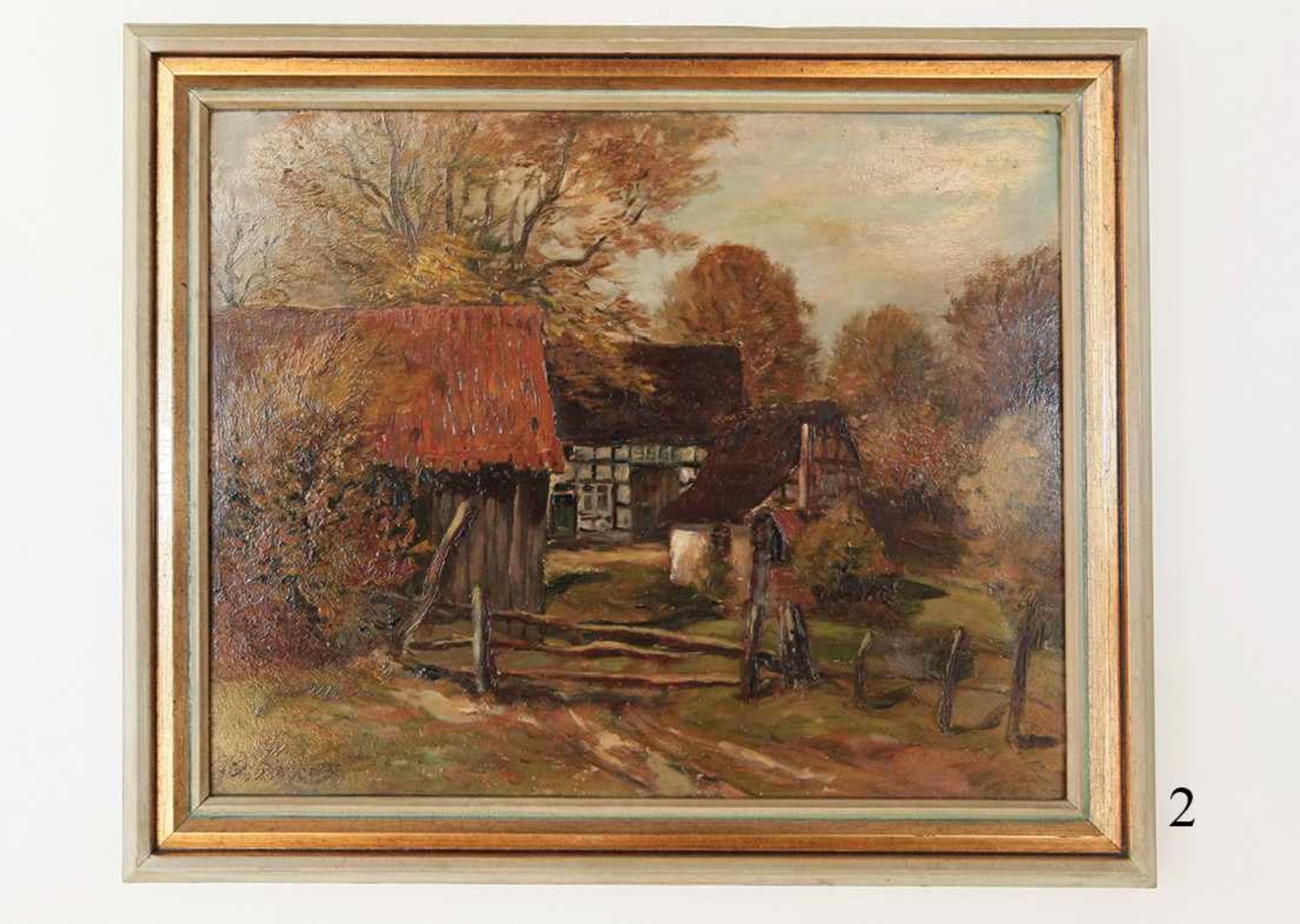 Ölgemälde, Bauernhof in WestfahlenÖl auf Malkarton. Herbststimmung. Signiert "G.Roeder" 1931. Im