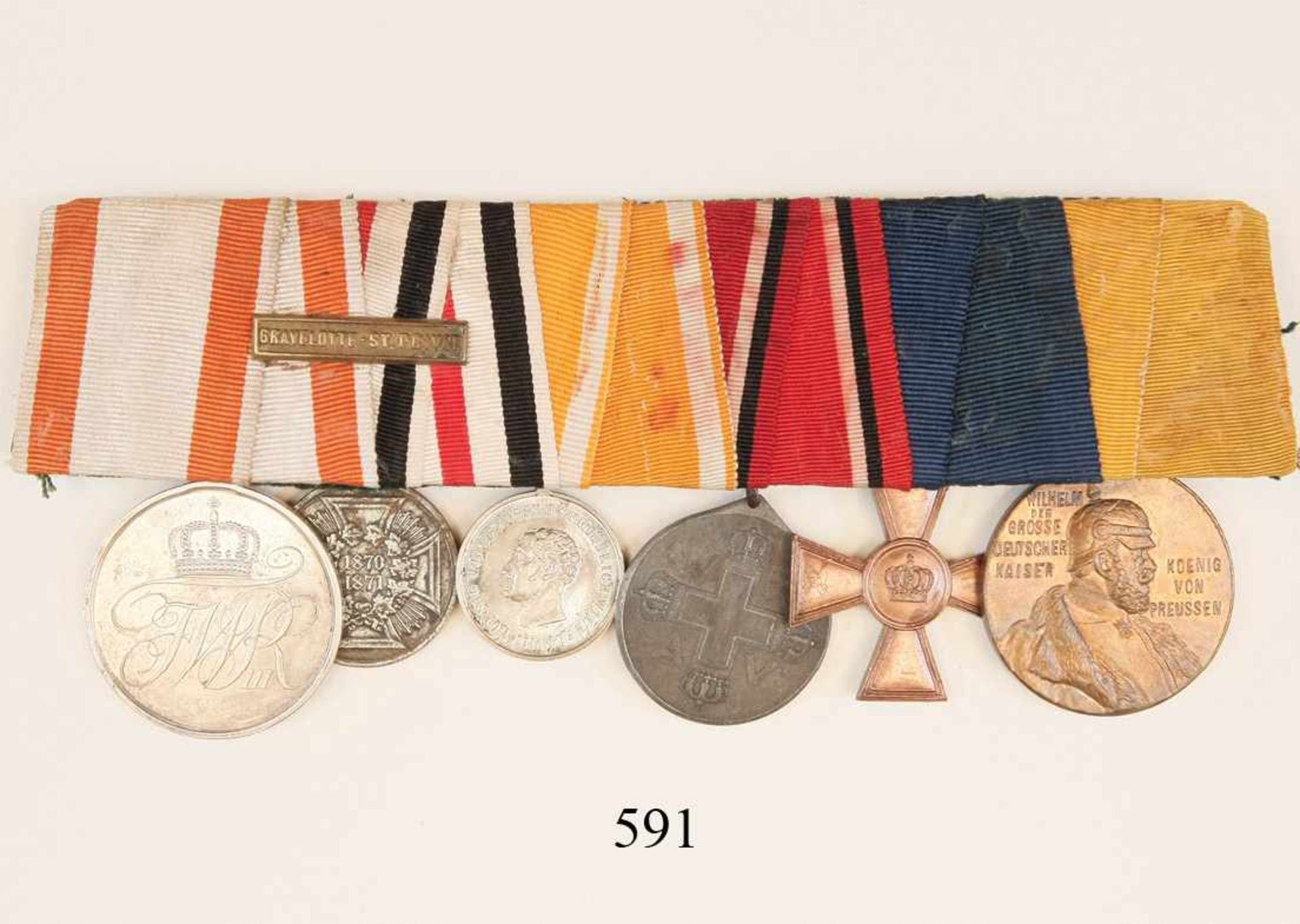 Ordenspange mit 6 DekorationenVon einem Sanitäter 1870/71. Nichtkämpfer. Mit Gefechtsspange