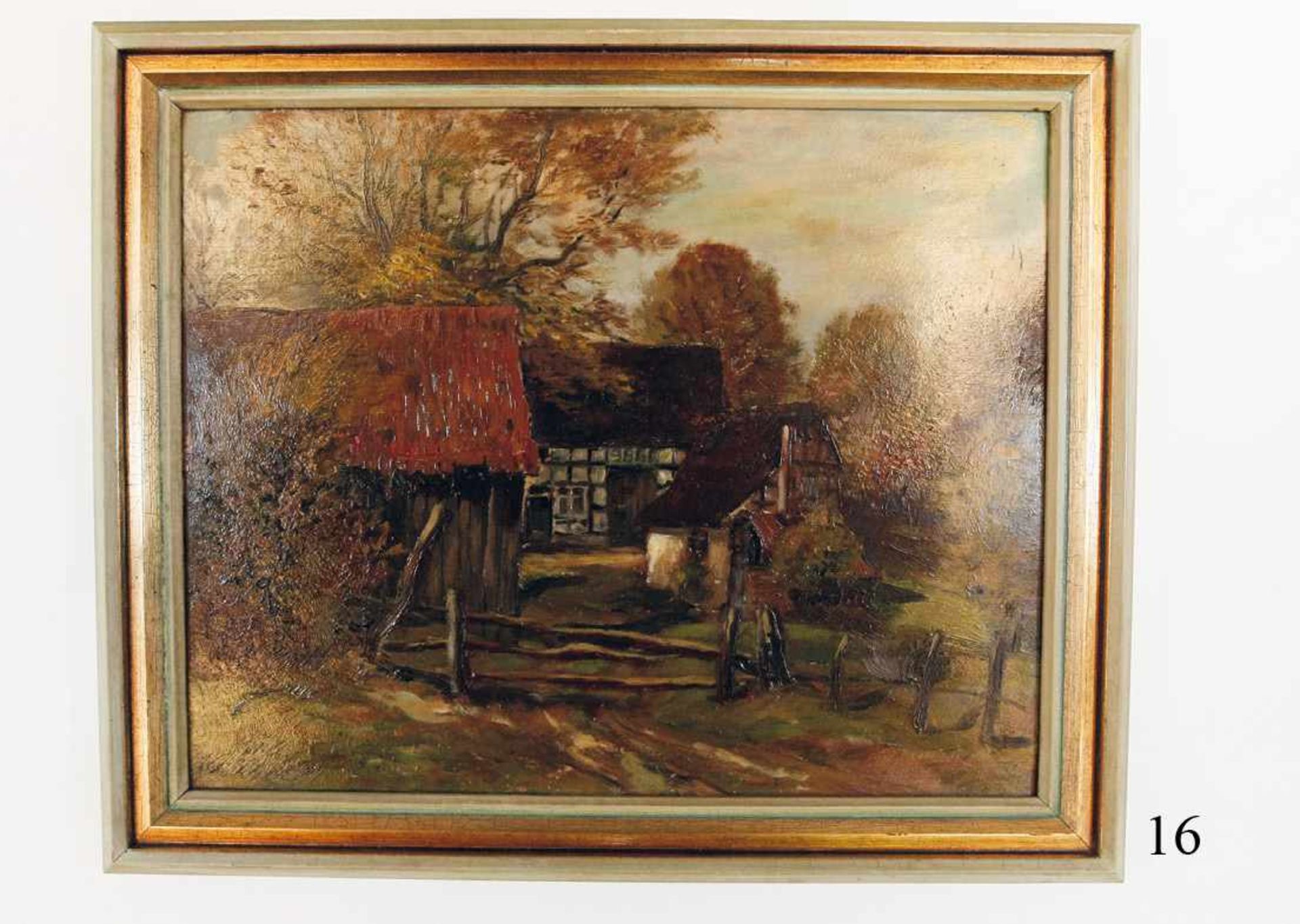 Ölgemälde, Bauernhof in WestfahlenÖl auf Malkarton. Herbststimmung. Signiert "G.Roeder" 1931. Im