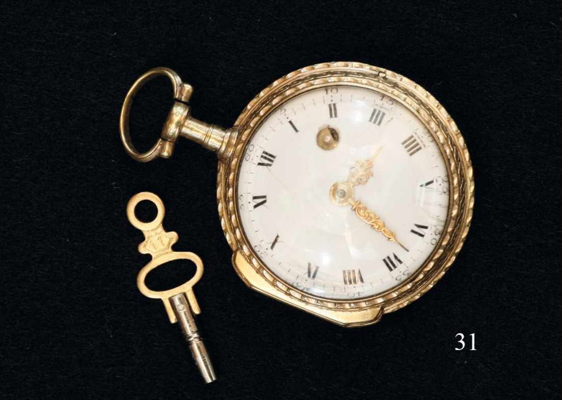 Spindeltaschenuhr, Frankreich, um 1780Vergoldetes, verziertes und tausiertes Silbergehäuse. Innen