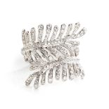 A DIAMOND RING stylised as cross-over leaves, pavé-set with round brilliant-cut diamonds,