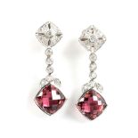 A PAIR OF DIAMOND AND PINK TOURMALINE PENDANT EARRINGS each cushion-cut tube-set chequerboard