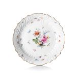 A MEISSEN BOWL, 20TH CENTURY handpainted with flowerheads and insects, the borders with raised