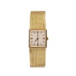 A LADY'S 18CT GOLD WRISTWATCH, OMEGA the square gilt dial with gilt baton hour markers, inscribed