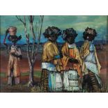 Jan Dingemans (South African 1921-2001) FOUR XHOSA WOMEN IN A LANDSCAPE signed oil on board 12 by