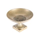 A GILT BRONZE TAZZA COMPORT, 19TH CENTURY the gadrooned circular bowl centred by a stylized Greek