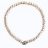 A DIAMOND AND PEARL NECKLACE comprising 51 irregularly-shaped pearls, the flowerhead clasp centred