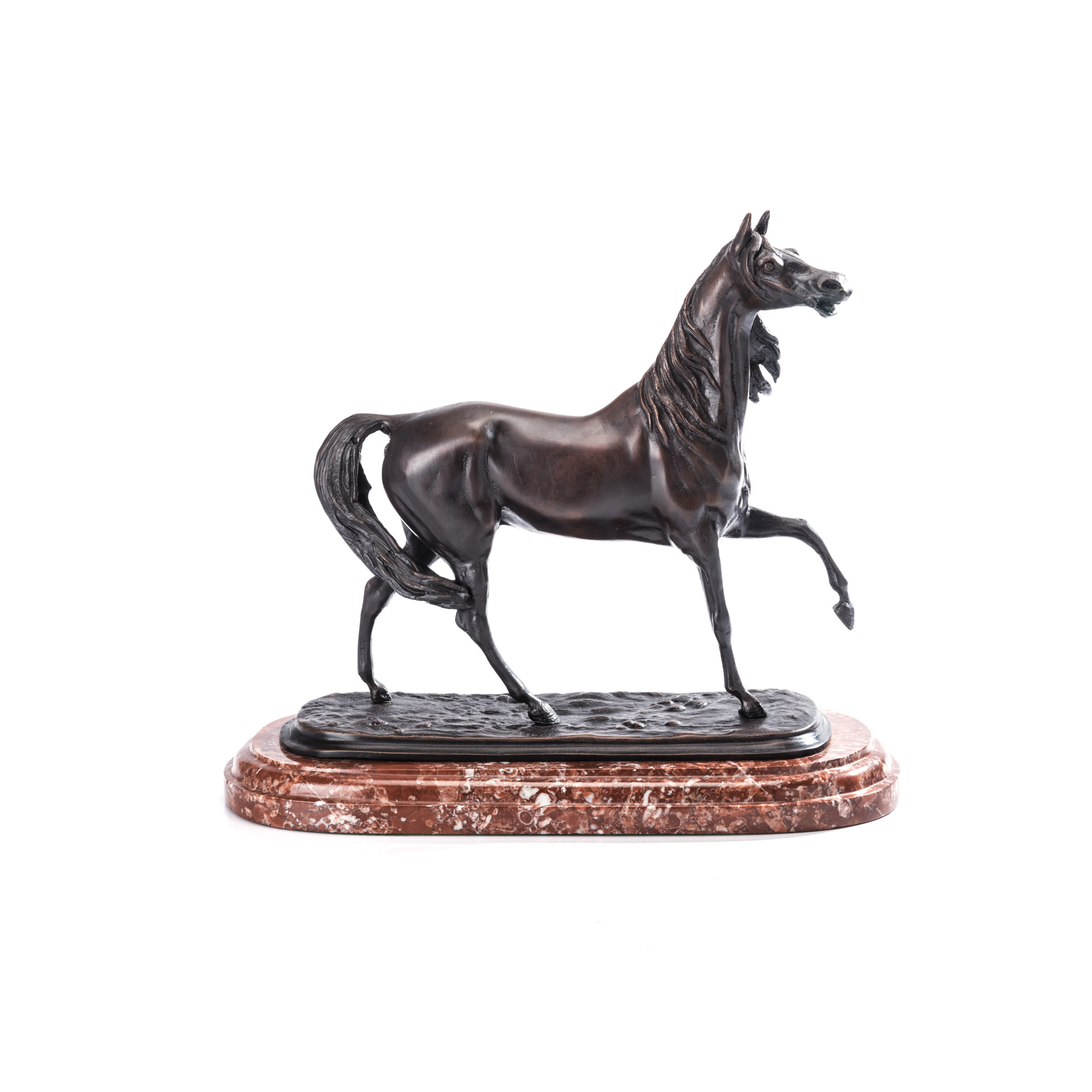 A BRONZE HORSE AFTER PIERRE JULES MÊNE (1810 - 1879), 20TH CENTURY in mid-stride, on a red-veined