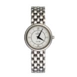 A LADY'S STAINLESS STEEL WRISTWATCH, OMEGA DE VILLE the circular white dial with baton and Roman