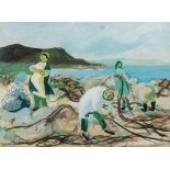 Marjorie Wallace (South African 1925-2005) COLLECTING KELP ON THE BEACH signed mixed media on