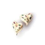 A PAIR OF HEART-SHAPED EARRINGS eighteen bezel-set rubies, sapphires and emeralds in 14ct yellow