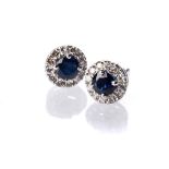 A PAIR OF DIAMOND AND SAPPHIRE EARRINGS set to the centre with round brilliant-cut sapphires