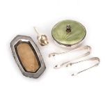 A COLLECTION OF SILVER ITEMS comprising: a tray, a box with enamel cover and 2 pairs of tongs164g