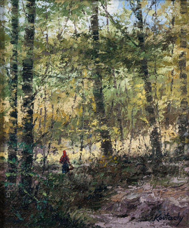 Joseph Koutachy (French 1907- ) RED-HOODED FIGURE IN FOREST signed and inscribed with the artist's