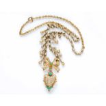 A LATE VICTORIAN/EDWARDIAN SEED PEARL AND TURQUOISE FRINGE NECKLACE Centred with a ribbon-bow