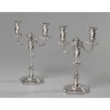 A PAIR OF EDWARD VII SILVER THREE-LIGHT CANDELABRA, HAWKSWORTH, EYRE AND CO LTD, SHEFFIELD, 1909