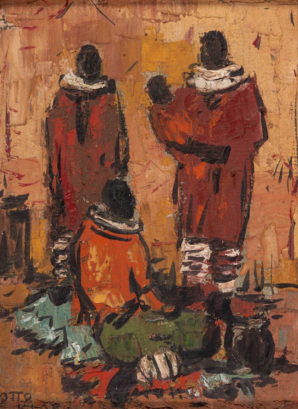 Otto Klar (South African 1908-1994) NDEBELE WOMEN AND CHILD signed oil on board 19 by 14cm