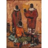 Otto Klar (South African 1908-1994) NDEBELE WOMEN AND CHILD signed oil on board 19 by 14cm