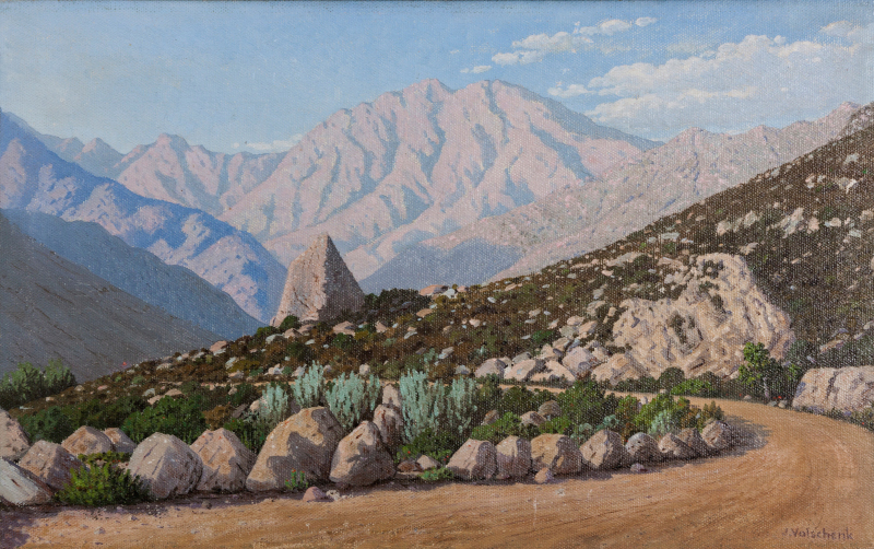 Jan Ernst Abraham Volschenk (South African 1853-1936) LANGEBERG MOUNTAINSCAPE signed oil on canvas